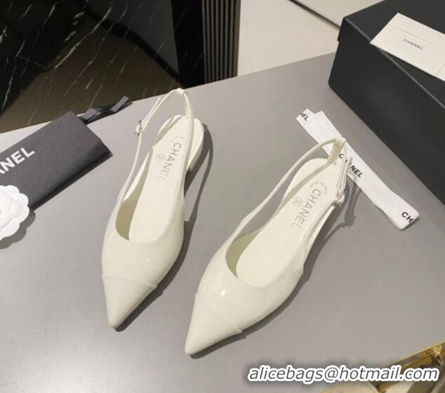 Luxurious Chanel Patent Calfskin Slingbacks Flat White 103065