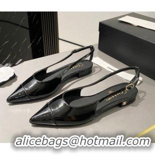 Top Grade Chanel Patent Calfskin Slingbacks Flat Black 103066