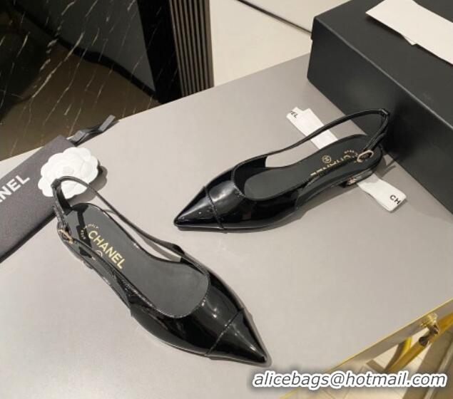 Top Grade Chanel Patent Calfskin Slingbacks Flat Black 103066