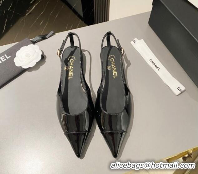 Top Grade Chanel Patent Calfskin Slingbacks Flat Black 103066