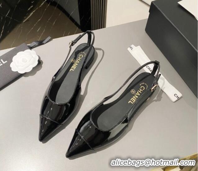 Top Grade Chanel Patent Calfskin Slingbacks Flat Black 103066