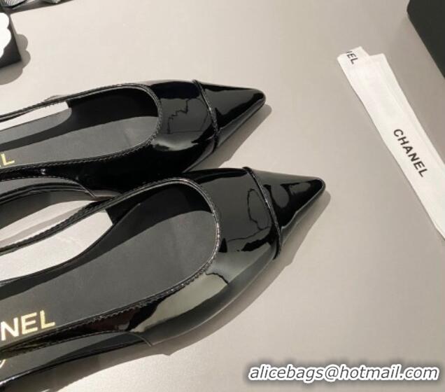 Top Grade Chanel Patent Calfskin Slingbacks Flat Black 103066