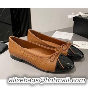 Elegant Chanel Stone Embossed Calfskin Ballet Flats Brown 103068