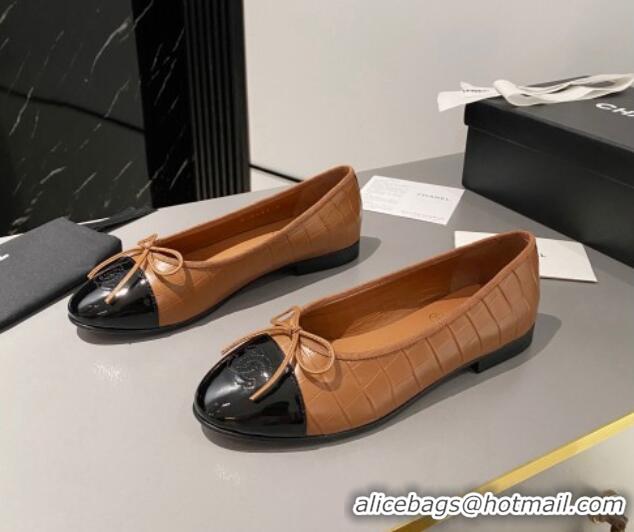 Elegant Chanel Stone Embossed Calfskin Ballet Flats Brown 103068