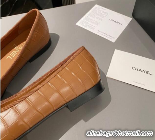 Elegant Chanel Stone Embossed Calfskin Ballet Flats Brown 103068