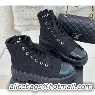 Best Price Chanel Tweed Platform Ankle Boots 5cm Black 106050