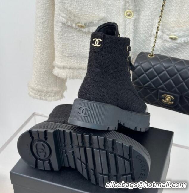 Best Price Chanel Tweed Platform Ankle Boots 5cm Black 106050