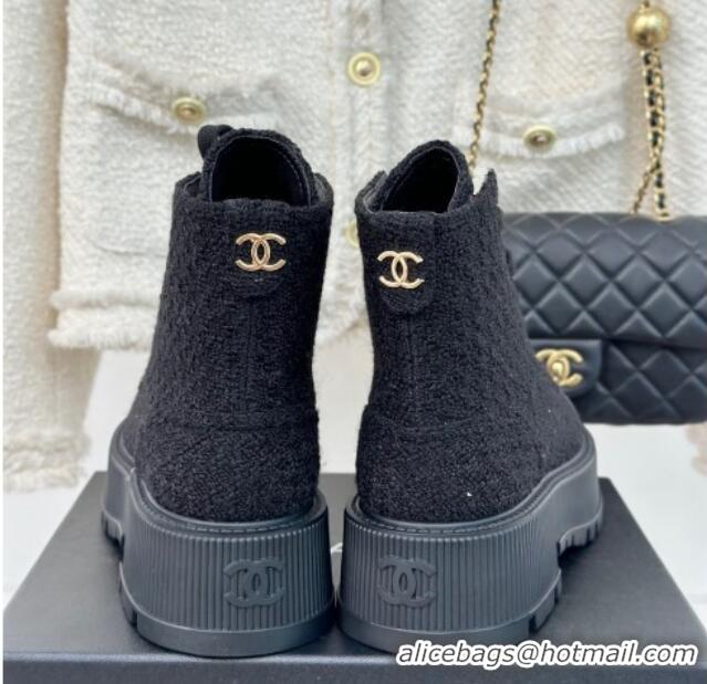 Best Price Chanel Tweed Platform Ankle Boots 5cm Black 106050