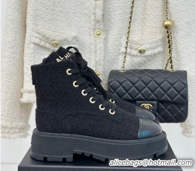 Best Price Chanel Tweed Platform Ankle Boots 5cm Black 106050