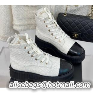 Top Quality Chanel Tweed Platform Ankle Boots 5cm White 106051