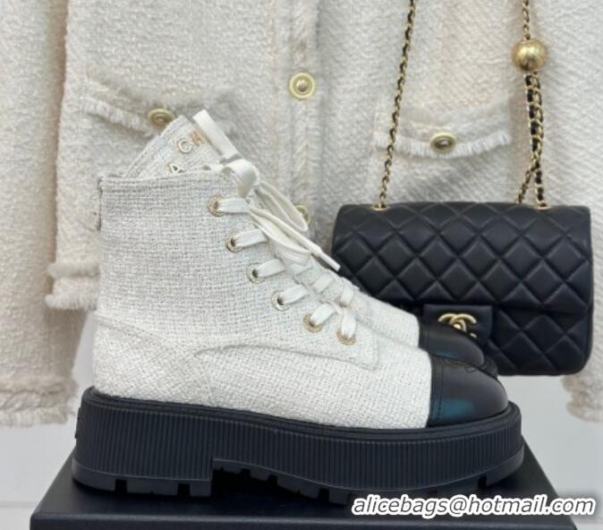 Top Quality Chanel Tweed Platform Ankle Boots 5cm White 106051