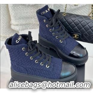 Most Popular Chanel Tweed Platform Ankle Boots 5cm Navy Blue 106052