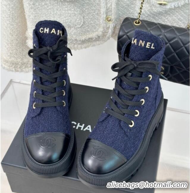 Most Popular Chanel Tweed Platform Ankle Boots 5cm Navy Blue 106052