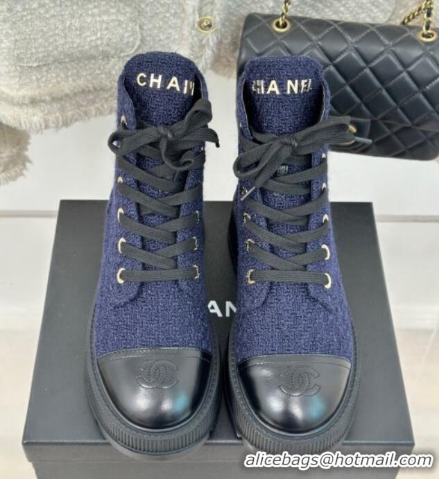 Most Popular Chanel Tweed Platform Ankle Boots 5cm Navy Blue 106052