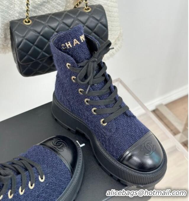 Most Popular Chanel Tweed Platform Ankle Boots 5cm Navy Blue 106052