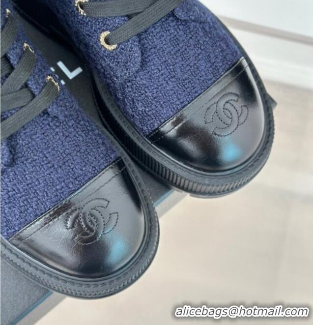 Most Popular Chanel Tweed Platform Ankle Boots 5cm Navy Blue 106052