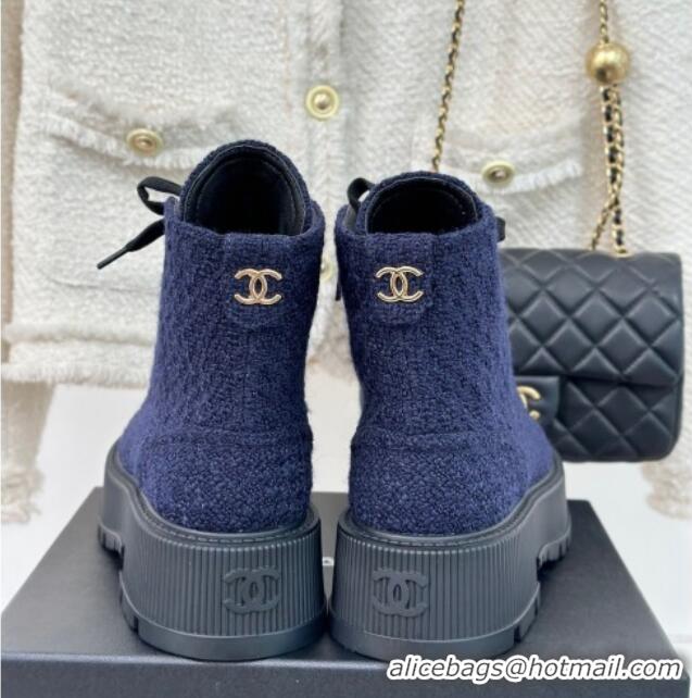 Most Popular Chanel Tweed Platform Ankle Boots 5cm Navy Blue 106052