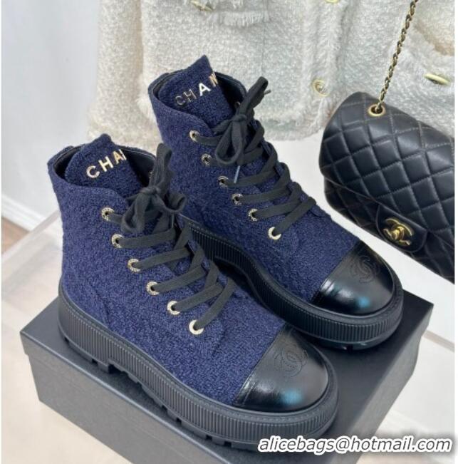 Most Popular Chanel Tweed Platform Ankle Boots 5cm Navy Blue 106052