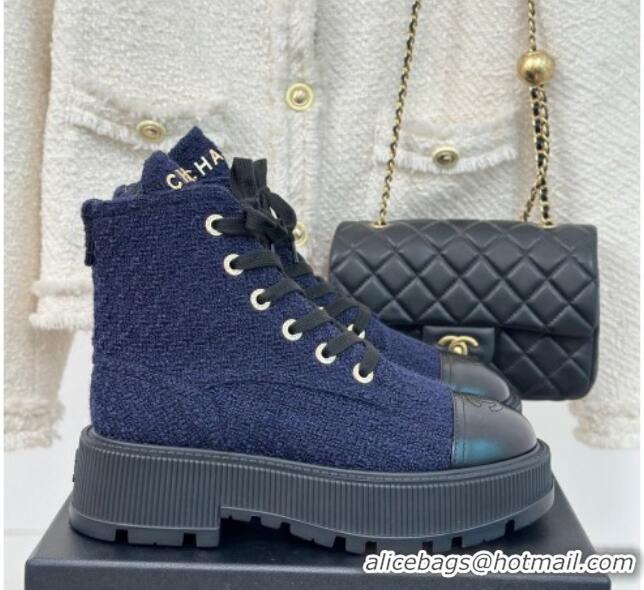 Most Popular Chanel Tweed Platform Ankle Boots 5cm Navy Blue 106052