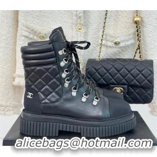 Youthful Chanel Quilted Calfskin Leather Lace-up Ankle Boots Black 106056