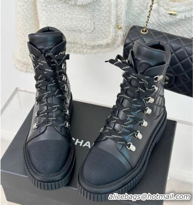 Youthful Chanel Quilted Calfskin Leather Lace-up Ankle Boots Black 106056