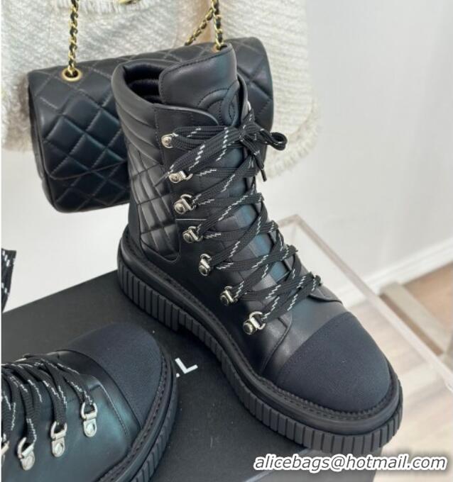 Youthful Chanel Quilted Calfskin Leather Lace-up Ankle Boots Black 106056