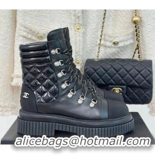 Discount Chanel Quilted and Patent Calfskin Lace-up Ankle Boots Black 106057