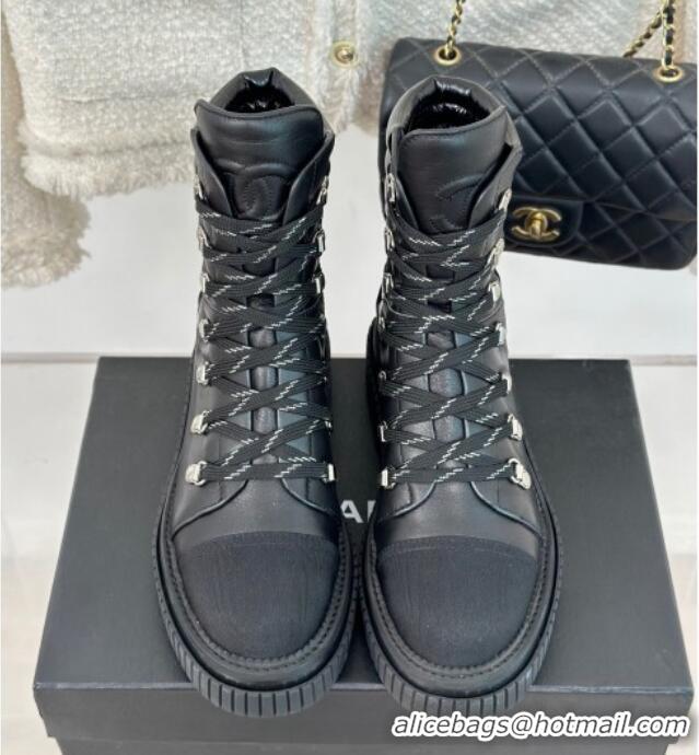 Discount Chanel Quilted and Patent Calfskin Lace-up Ankle Boots Black 106057