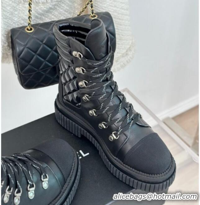 Discount Chanel Quilted and Patent Calfskin Lace-up Ankle Boots Black 106057