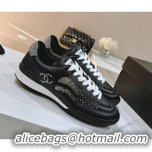 Good Taste Chanel Calfskin & Suede Low Top Sneakers with Crystals G45220 Black 107005