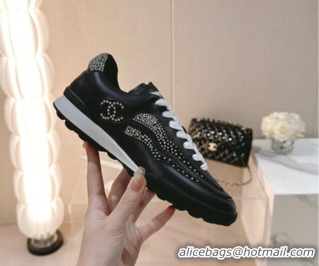 Good Taste Chanel Calfskin & Suede Low Top Sneakers with Crystals G45220 Black 107005