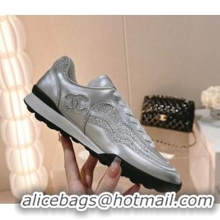 Low Price Chanel Calfskin & Suede Low Top Sneakers with Crystals G45220 Silver 107007