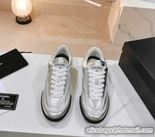 Low Price Chanel Calfskin & Suede Low Top Sneakers with Crystals G45220 Silver 107007