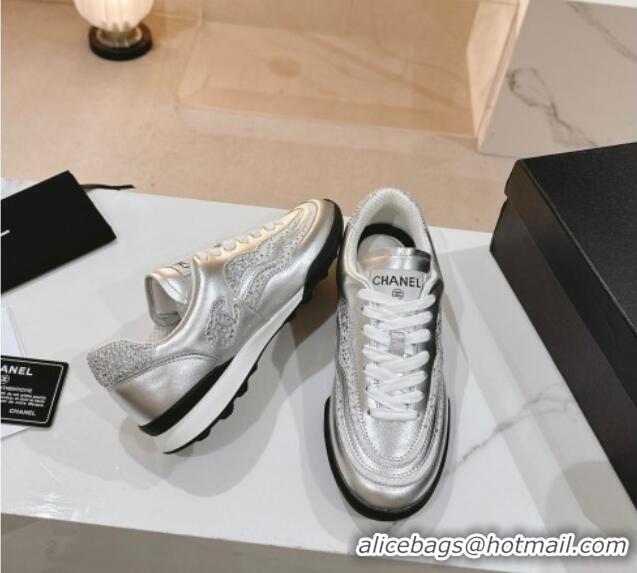 Low Price Chanel Calfskin & Suede Low Top Sneakers with Crystals G45220 Silver 107007