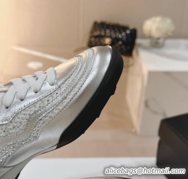 Low Price Chanel Calfskin & Suede Low Top Sneakers with Crystals G45220 Silver 107007