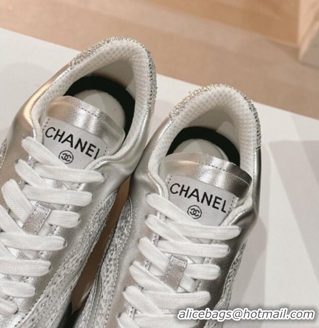 Low Price Chanel Calfskin & Suede Low Top Sneakers with Crystals G45220 Silver 107007