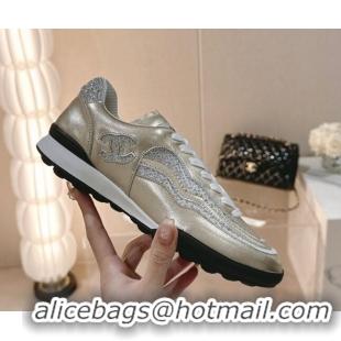 Super Quality Chanel Calfskin & Suede Low Top Sneakers with Crystals G45220 Gold 107008