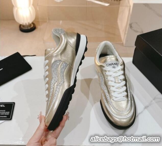 Super Quality Chanel Calfskin & Suede Low Top Sneakers with Crystals G45220 Gold 107008