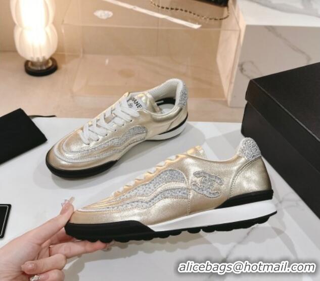 Super Quality Chanel Calfskin & Suede Low Top Sneakers with Crystals G45220 Gold 107008