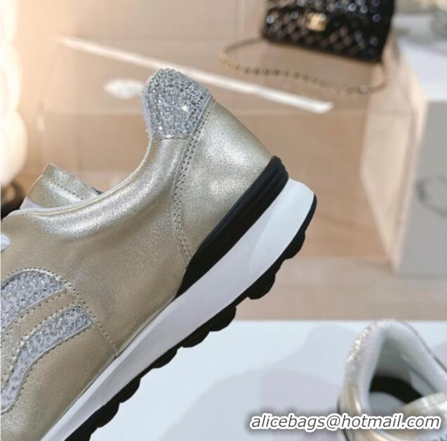 Super Quality Chanel Calfskin & Suede Low Top Sneakers with Crystals G45220 Gold 107008