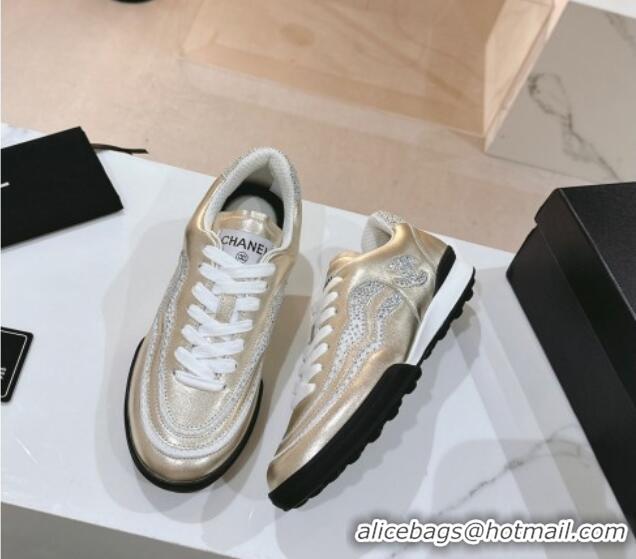 Super Quality Chanel Calfskin & Suede Low Top Sneakers with Crystals G45220 Gold 107008