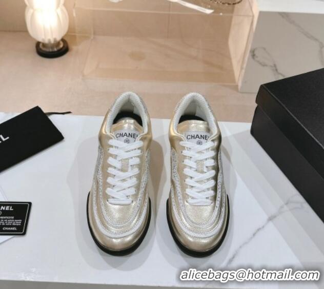 Super Quality Chanel Calfskin & Suede Low Top Sneakers with Crystals G45220 Gold 107008