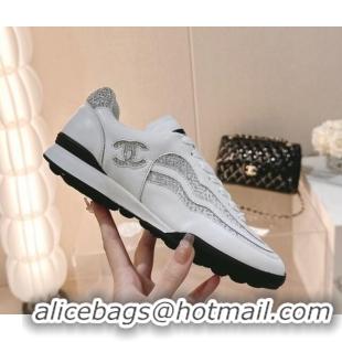 Good Product Chanel Calfskin & Suede Low Top Sneakers with Crystals G45220 White 107009