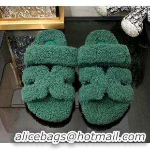 Top Grade Hermes Chypre Flat Slide Sandals in Teddy Fur Green 831023