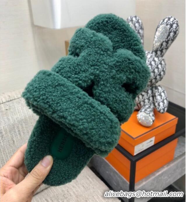 Top Grade Hermes Chypre Flat Slide Sandals in Teddy Fur Green 831023