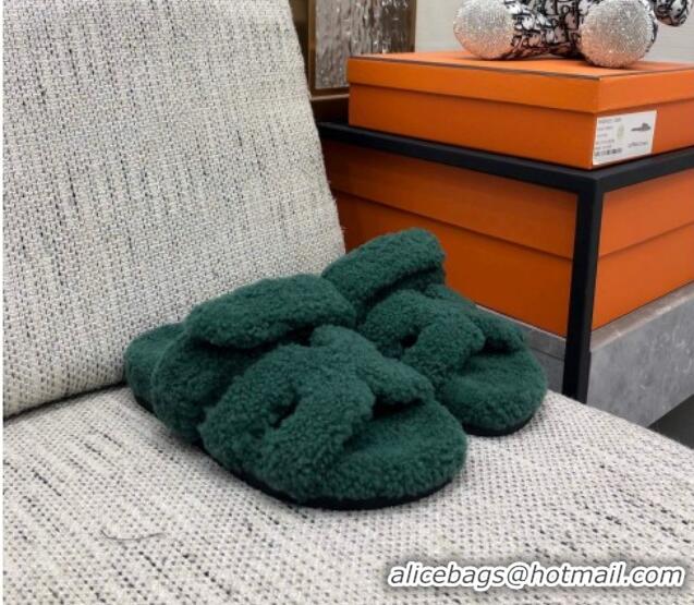 Top Grade Hermes Chypre Flat Slide Sandals in Teddy Fur Green 831023