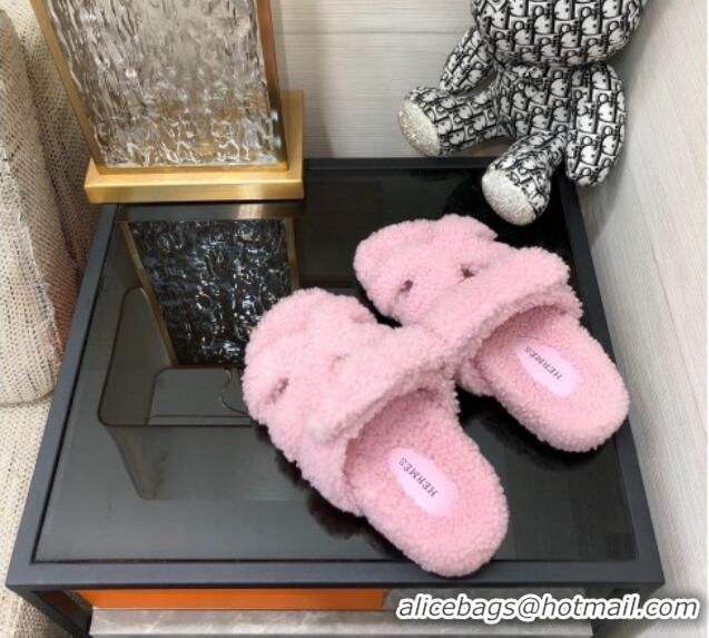 Good Quality Hermes Chypre Flat Slide Sandals in Teddy Fur Light Pink 831024