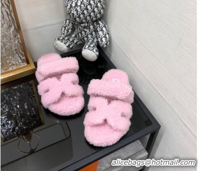 Good Quality Hermes Chypre Flat Slide Sandals in Teddy Fur Light Pink 831024