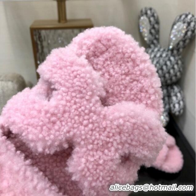 Good Quality Hermes Chypre Flat Slide Sandals in Teddy Fur Light Pink 831024