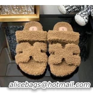 Unique Style Hermes Chypre Flat Slide Sandals in Teddy Fur Khaki 831026